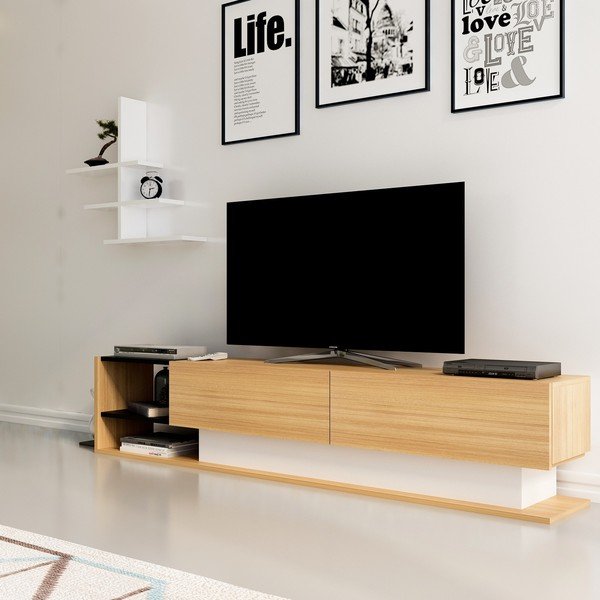 Televisore bianco/naturale in legno esotico 180x40 cm Liza - Kalune Design-image-1