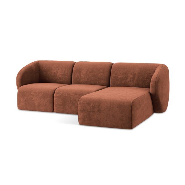 Divano angolare color terracotta (con penisola a destra/con chaise lounge) con rivestimento in ciniglia Lani – Makamii-image-4
