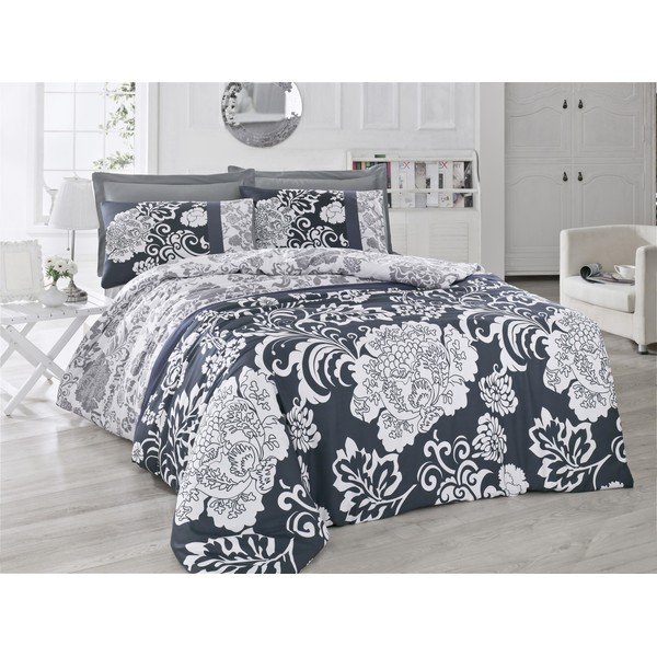 Biancheria da letto singola bianca e grigia in cotone sateen Victoria , 155 x 200 cm Crista - Mijolnir-image-1