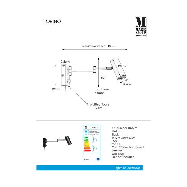 Lampada da parete nera in metallo con alimentazione a corrente con struttura flessibile/con intensità regolabile Torino – Markslöjd-image-2