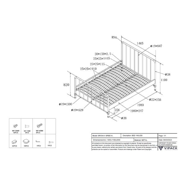 Letto singolo in metallo nero con griglia 140x200 cm BRONXX - Vipack-image-4
