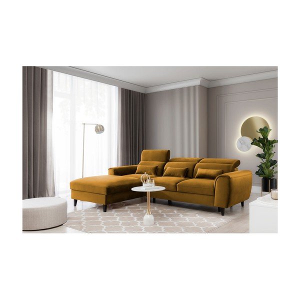 Divano angolare giallo allungabile/con contenitore (con penisola a sinistra/con chaise lounge) e rivestimento in velluto Foble – ELTAP-image-3