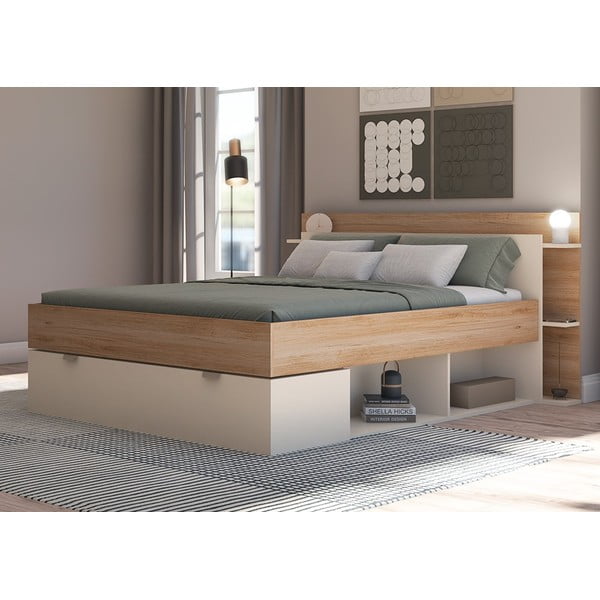 Letto matrimoniale effetto rovere con contenitore senza griglia in colore bianco e naturale 140x190 cm Albo - Marckeric-image-2
