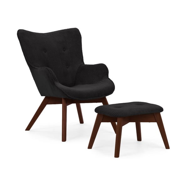 Poltrona con poggiapiedi nera con rivestimento in velluto a coste Niko – Ropez