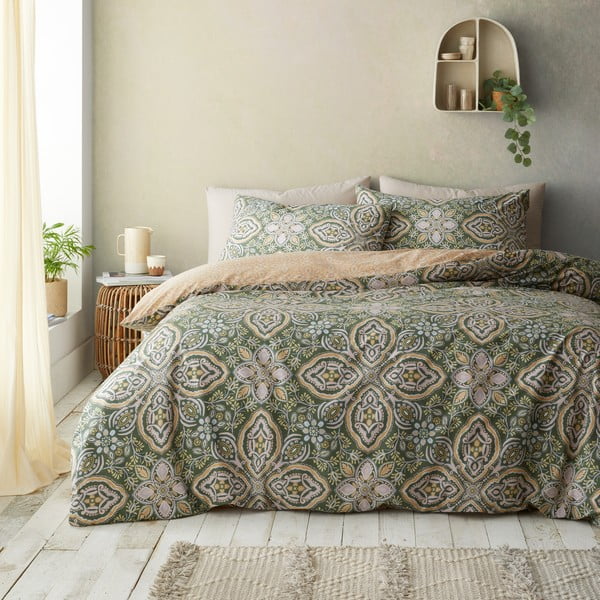 Biancheria da letto verde/beige per letto matrimoniale 200x200 cm Alba Geo – Pineapple Elephant-image-1