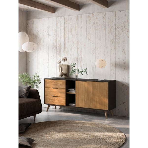 Cassettiera bassa in pino nero/naturale 165x80 cm Lavis - Marckeric-image-1