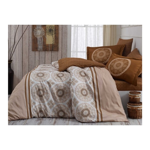 Biancheria da letto matrimoniale in cotone sateen beige con lenzuolo Silvana, 200 x 220 cm - Mijolnir