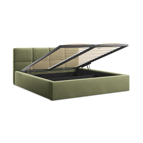 Letto matrimoniale imbottito verde in velluto con contenitore con rete inclusa 140x200 cm Hiko – Makamii-image-2
