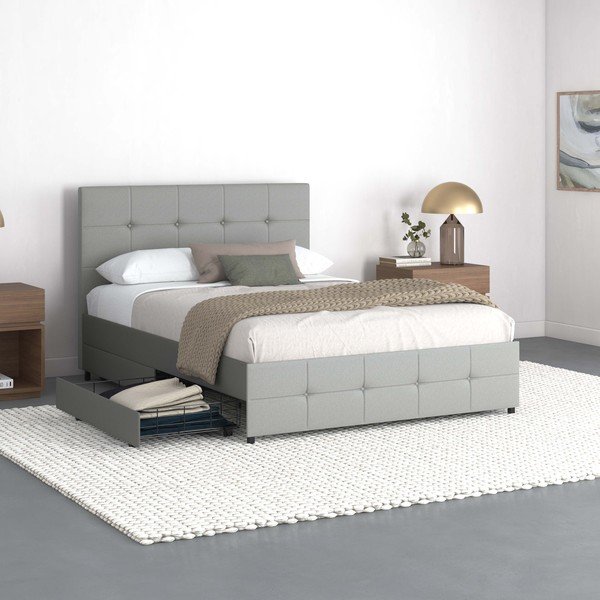 Letto matrimoniale imbottito grigio con spazio contenitivo 140x200 cm Rose - Støraa-image-2