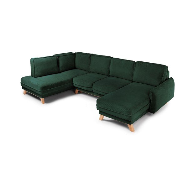 Divano angolare verde scuro allungabile/con contenitore (con penisola a sinistra/a U) con rivestimento in velluto a coste Tori – Bonami Selection-image-1