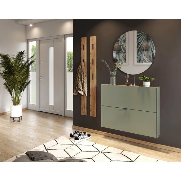 Scarpiera verde polveroso con effetto rovere con ante ribaltabili/da parete 100x83x18 cm Ameca – Germania-image-1