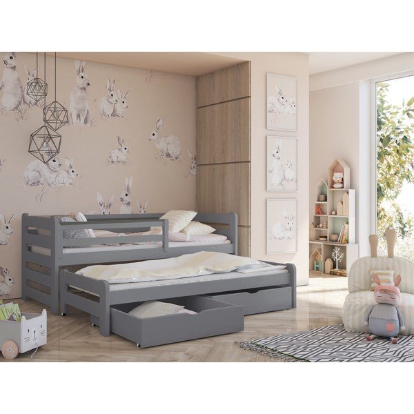 Letto per bambini in legno di pino grigio con letto estraibile e contenitore 80x160 cm Senso - Lano Meble-image-1