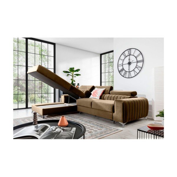 Divano angolare marrone chiaro allungabile/con contenitore (con penisola a sinistra/con chaise lounge) e rivestimento in velluto Grayson – ELTAP-image-3