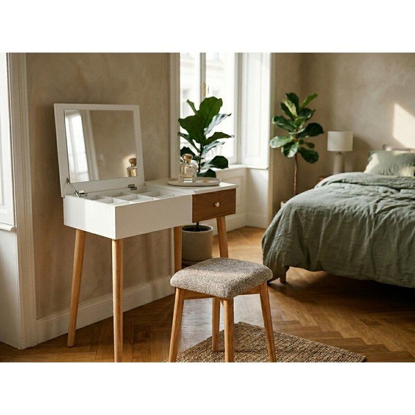 Tavolino da toilette bianco con specchio, portagioie e sgabello Beauty - Bonami Essentials-image-1