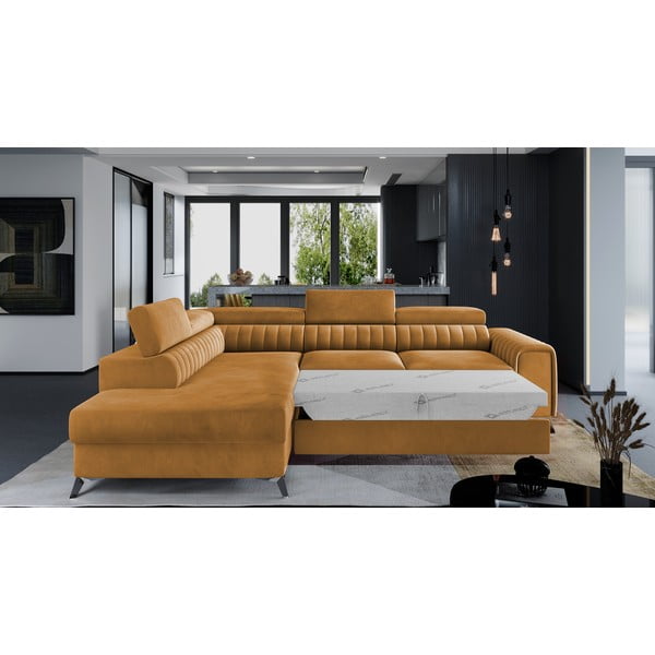 Divano angolare giallo allungabile/con contenitore (con penisola a sinistra/a L) e rivestimento in velluto Laurence – ELTAP-image-2