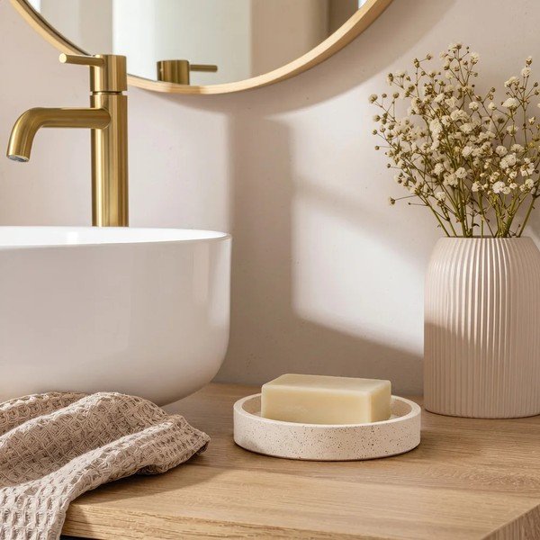 Portasaponetta beige in poliresina Oria – douceur d'intérieur-image-1