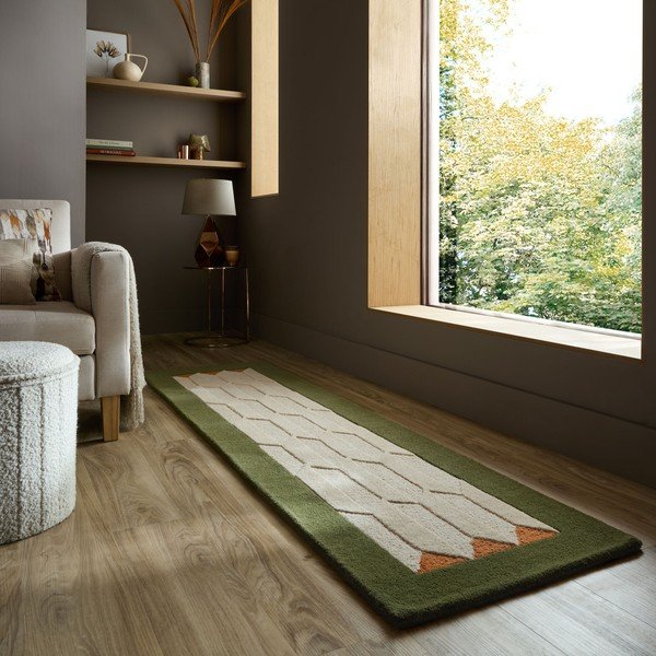 Passatoia verde/di colore naturale in lana tessuta a mano 60x230 cm Apex Border Wool – Flair Rugs-image-1