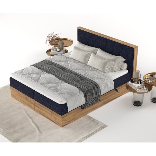 Letto boxspring con contenitore in blu scuro-naturale 200x200 cm Asahi - Maison de Rêve-image-3