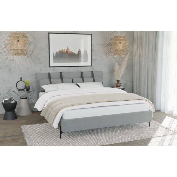 Letto matrimoniale imbottito grigio chiaro con griglia 160x200 cm Tulsa - Ropez-image-1