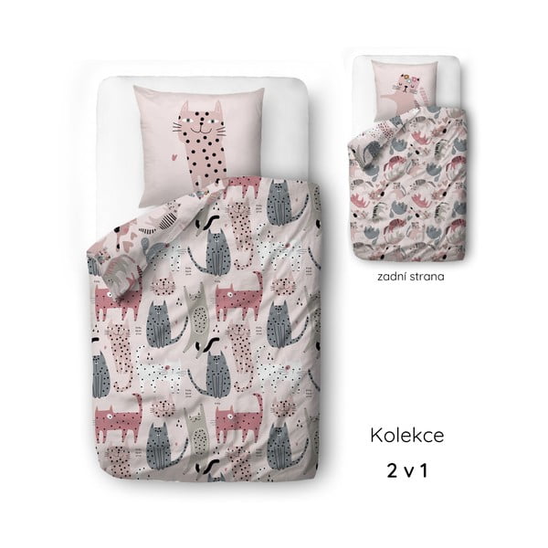 Set copripiumino e federa da bambini rosa in raso di cotone per letto singolo 140x200 cm Meow Meow – Butter Kings-image-1