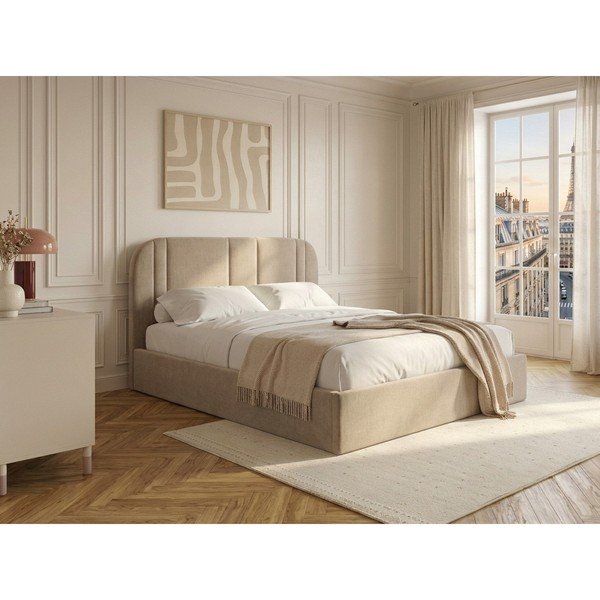 Letto matrimoniale imbottito beige con contenitore con rete inclusa 160x200 cm Sidney – Bobochic Paris-image-1