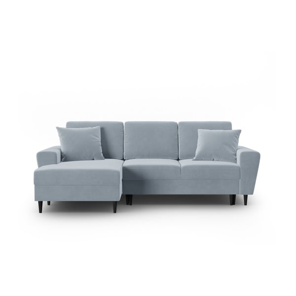 Divano angolare azzurro allungabile e con contenitore (con penisola a sinistra/con chaise lounge) con rivestimento in velluto Kyoto – Cosmopolitan Design