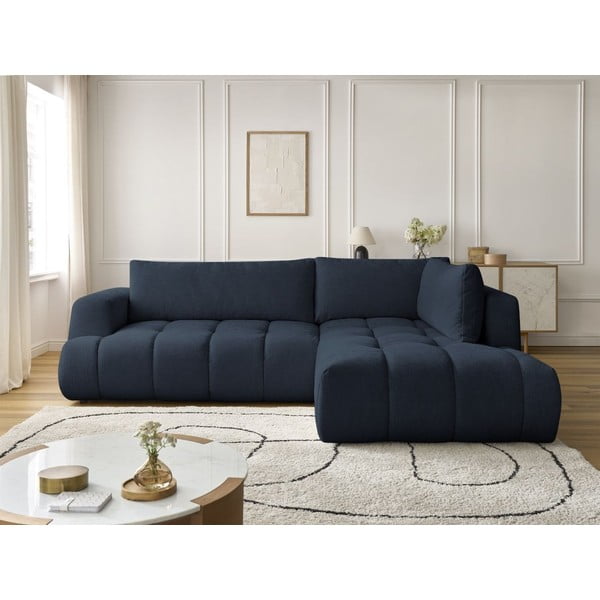 Divano angolare blu scuro allungabile e con contenitore (penisola a destra/a L) con rivestimento in ciniglia Fuji – Bobochic Paris-image-1