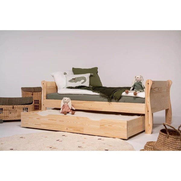 Letto da bambini estraibile di colore naturale in pino massiccio con contenitore e rete inclusi 90x200 cm Roma – Adeko-image-1