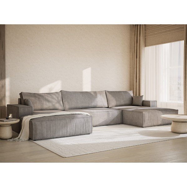 Divano angolare greige allungabile/con contenitore (a U) con rivestimento in ciniglia Kyoto – Maison de Rêve-image-1