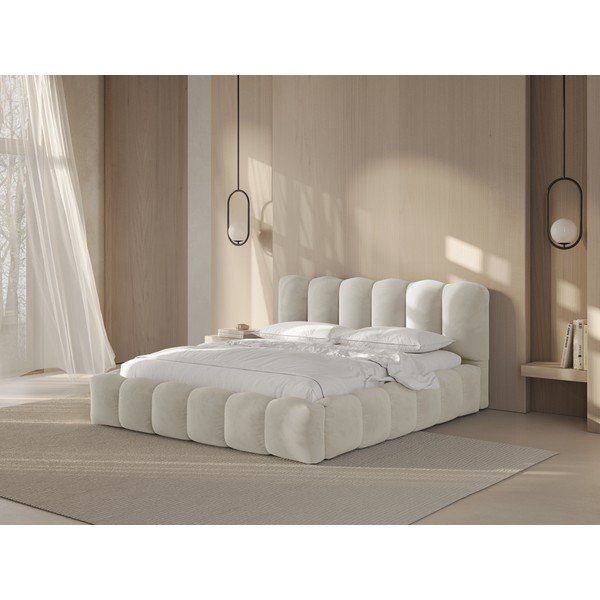 Letto matrimoniale imbottito beige con contenitore con rete inclusa 180x200 cm Lupine – Micadoni -image-1
