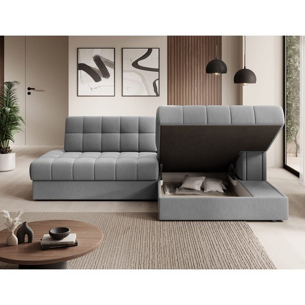 Divano angolare grigio allungabile (con penisola a destra/con chaise lounge) con rivestimento in velluto Blezalt – ELTAP-image-4