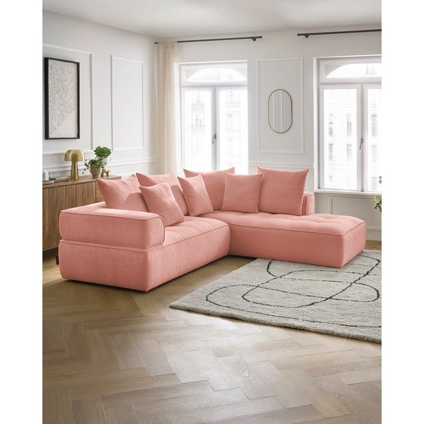 Divano angolare rosa (penisola a destra/a L) con rivestimento in ciniglia Whesley – Bobochic Paris-image-1