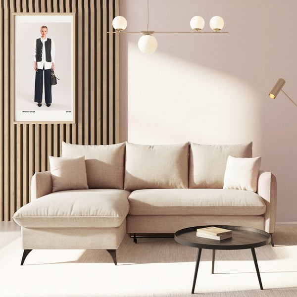 Divano angolare beige allungabile e con contenitore (con penisola a sinistra e chaise lounge) rivestito in bouclé Brim – Rodier-image-1
