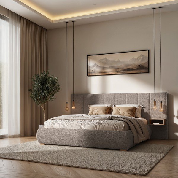 Letto matrimoniale imbottito marrone chiaro con rete inclusa 140x200 cm Fioro – MESONICA-image-1