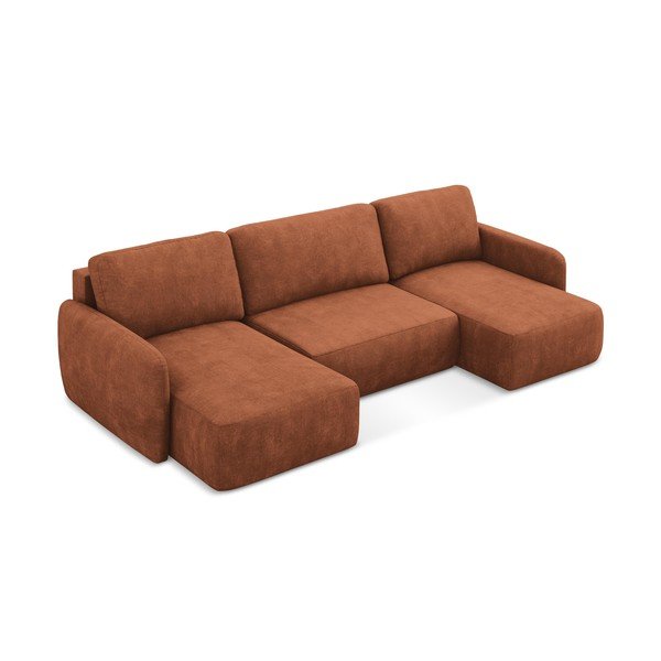 Divano angolare color terracotta allungabile/con contenitore (a U) con rivestimento in ciniglia Lilo – Makamii-image-2