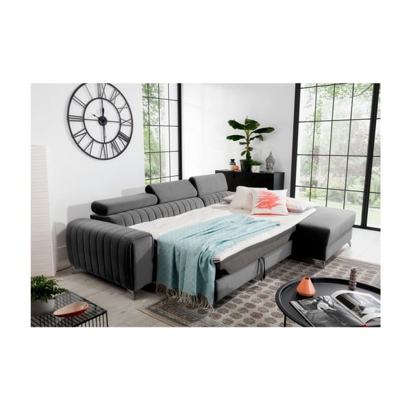 Divano angolare grigio allungabile/con contenitore (con penisola a destra/con chaise lounge) e rivestimento in velluto Grayson – ELTAP-image-4