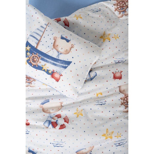 Set copripiumino e federa da bambini bianco/blu in cotone renforcé per culla con lenzuolo incluso/4 pezzi 100x150 cm Seaman – Mijolnir-image-2