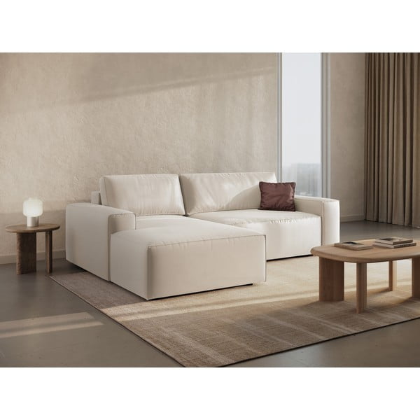 Divano angolare beige allungabile/con contenitore (con penisola a sinistra/con chaise lounge) con rivestimento in velluto Jodie – Micadoni -image-2