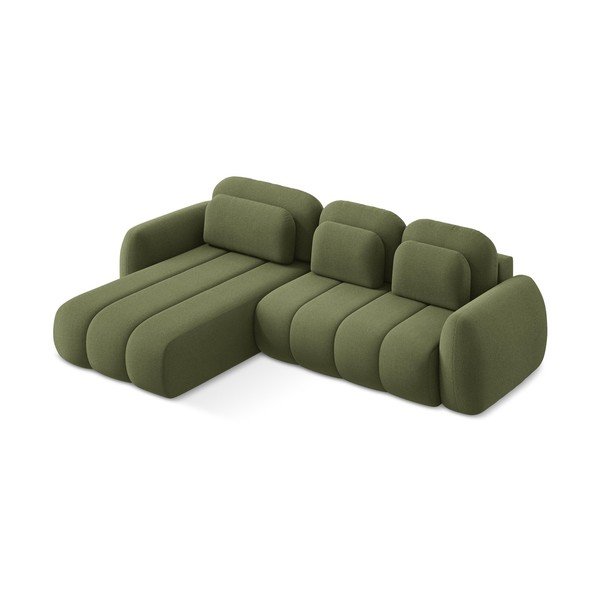 Divano angolare verde allungabile/con contenitore (con penisola a sinistra/con chaise lounge) con rivestimento in bouclé Pele – Makamii-image-2
