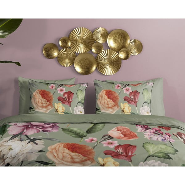 Set copripiumino e federa verde in raso di cotone per letto matrimoniale ed esteso 200x220 cm Fiori – Descanso-image-2