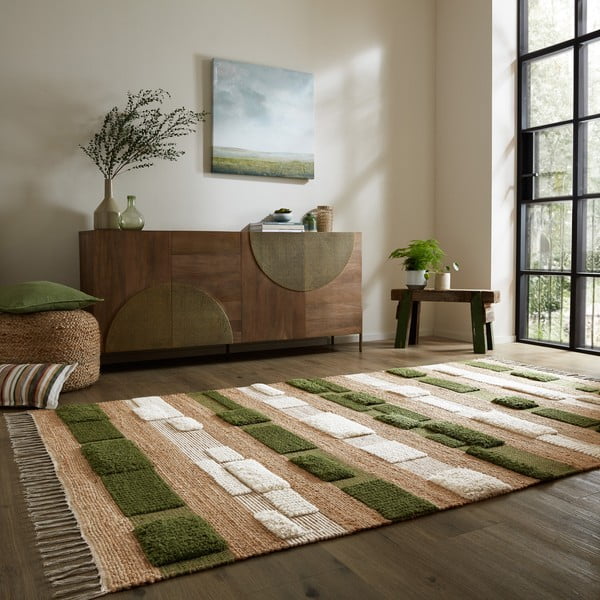 Tappeto verde/di colore naturale in misto iuta tessuto a mano 160x230 cm Medina Blocks – Flair Rugs-image-1