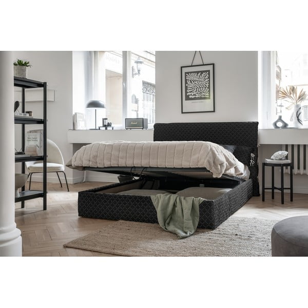 Letto matrimoniale imbottito nero con spazio contenitivo e rete 160x200 cm Sleepy Luna - Miuform-image-1