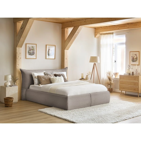 Letto matrimoniale beige imbottito con spazio contenitivo con griglia inclusa 180x200 cm Jade – Bobochic Paris-image-1