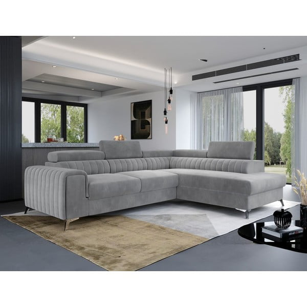 Divano angolare grigio allungabile/con contenitore (con penisola a destra/a L) e rivestimento in velluto Laurence – ELTAP-image-4