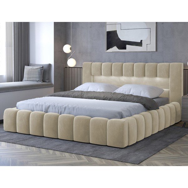 Letto matrimoniale imbottito beige con contenitore con rete inclusa 160x200 cm Lamica – ELTAP-image-1