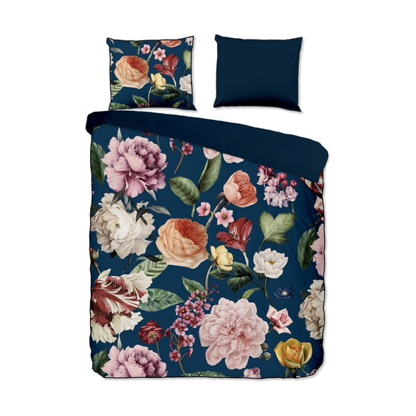 Set copripiumino e federa blu scuro in raso di cotone per letto matrimoniale ed esteso 200x220 cm Fiori – Descanso