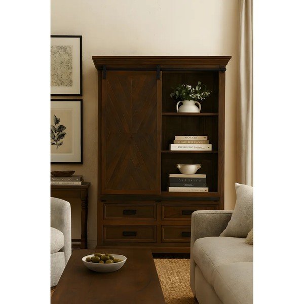 Libreria marrone in mango massiccio con porte scorrevoli 110x160x40 cm Don Barn – Støraa-image-2