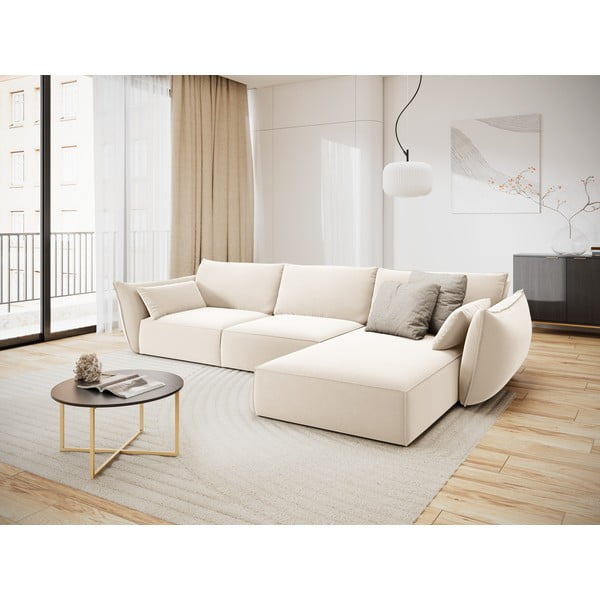Divano angolare beige (con penisola a destra/con chaise lounge) con rivestimento in velluto Vanda – Mazzini Sofas-image-1