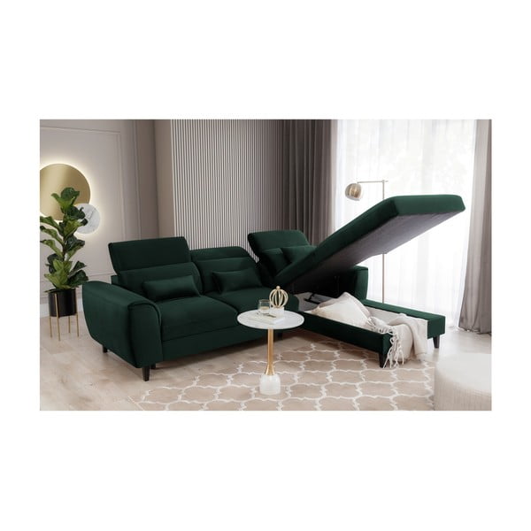 Divano angolare verde scuro allungabile/con contenitore (con penisola a destra/con chaise lounge) e rivestimento in velluto Foble – ELTAP-image-4
