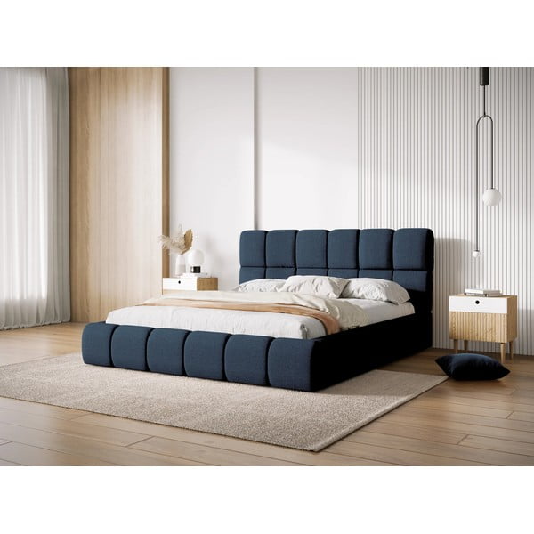 Letto matrimoniale imbottito blu scuro con contenitore con griglia 160x200 cm Bellis - Micadoni Home-image-1